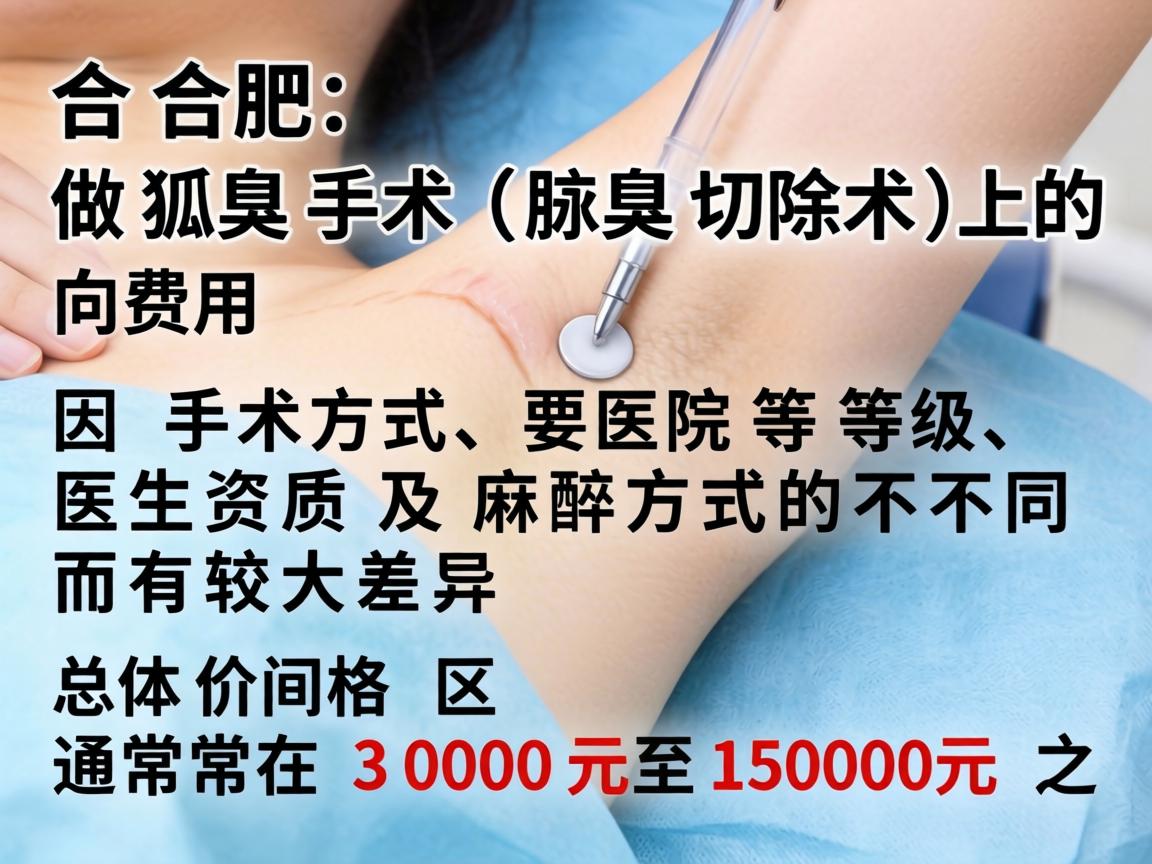 在合肥，做狐臭手术（腋臭切除术）的费用因手术方式、医院等级、医生资质及麻醉方式的不同而有较大差异。总体价格区间通常在 3000元至15000元 之间