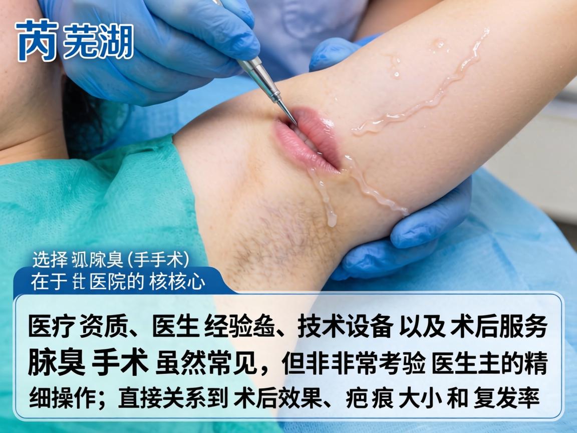 在芜湖，对于腋臭（狐臭）手术，选择医院的核心在于医疗资质、医生经验、技术设备以及术后服务。腋臭手术虽然常见，但非常考验医生的精细操作，直接关系到术后效果、疤痕大小和复发率