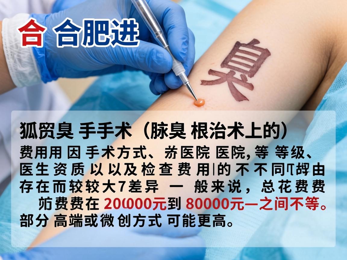 在合肥进行狐臭手术（腋臭根治术）的费用因手术方式、医院等级、医生资质以及检查费用的不同而存在较大差异。一般来说，总花费在 2000元到8000元 之间不等，部分高端或微创方式可能更高