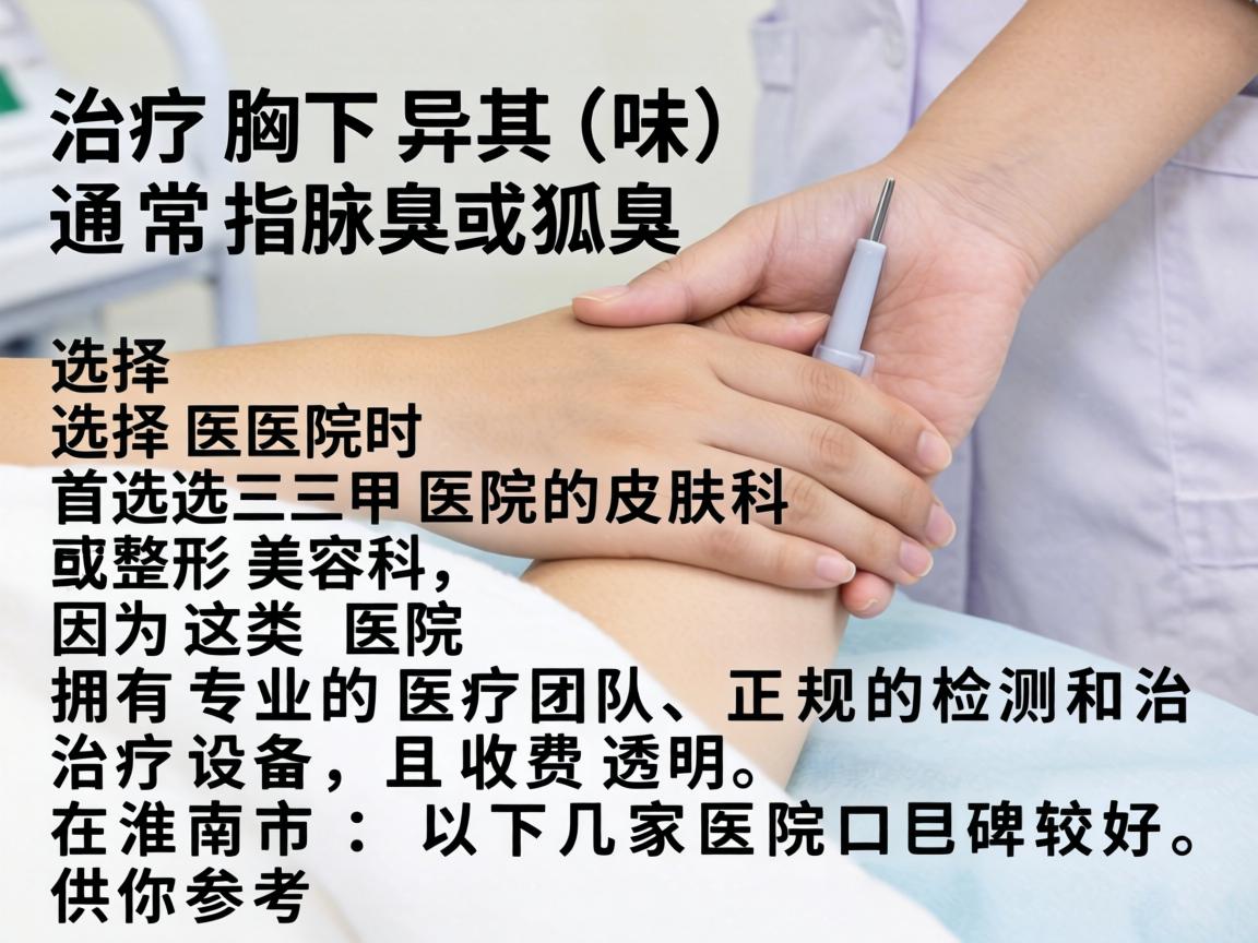 治疗腋下异味（通常指腋臭或狐臭）选择医院时首选三甲医院的皮肤科或整形美容科，因为这类医院拥有专业的医疗团队、正规的检测和治疗设备，且收费透明。在淮南市，以下几家医院口碑较好，供你参考
