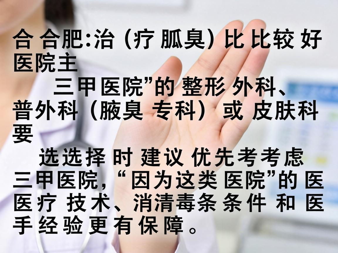 在合肥，治疗狐臭（腋臭）比较好的医院主要是三甲医院的整形外科、普外科（腋臭专科）或皮肤科。选择时建议优先考虑三甲医院，因为这类医院的医疗技术、消毒条件和医生经验更有保障