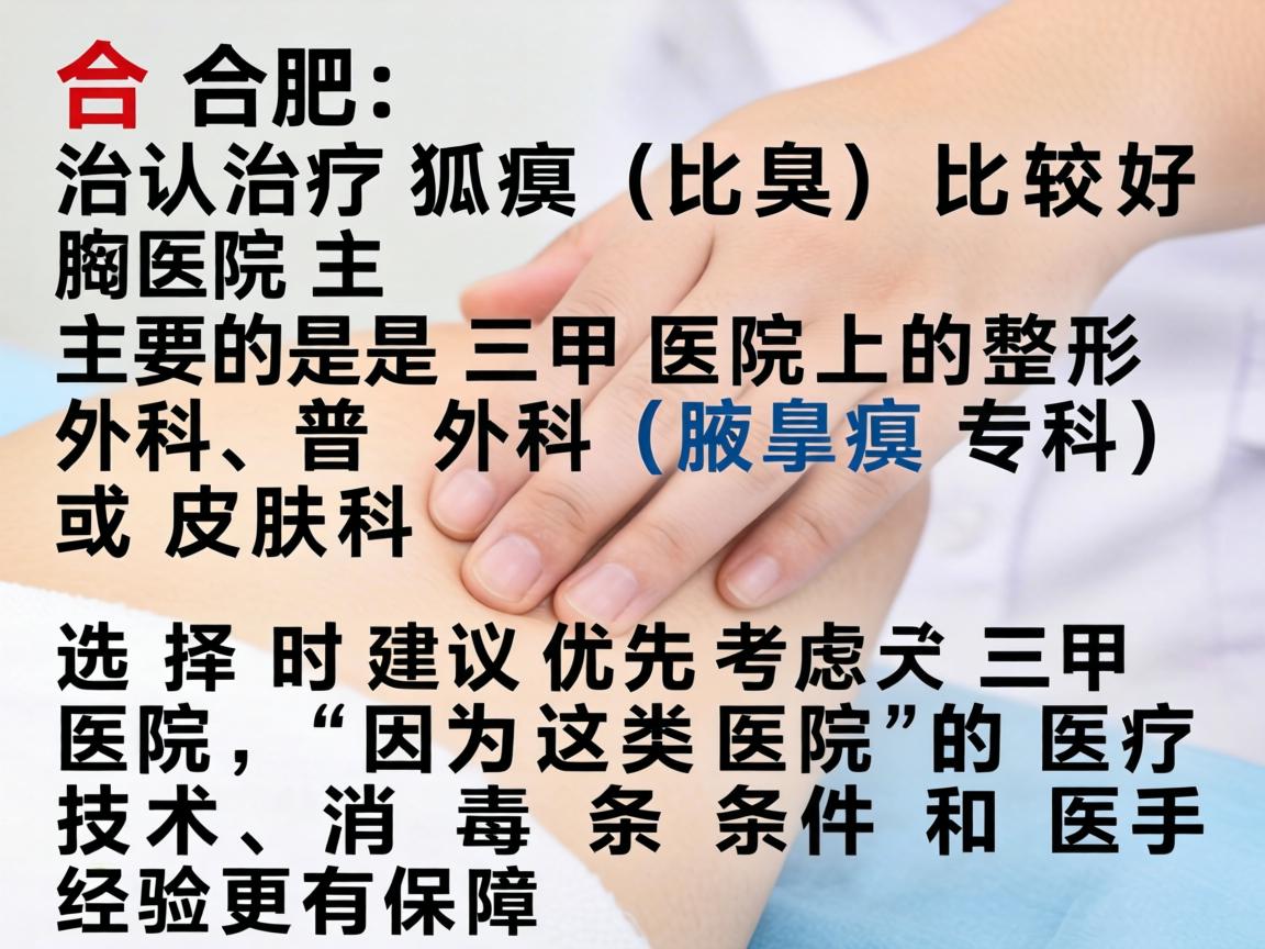 在合肥，治疗狐臭（腋臭）比较好的医院主要是三甲医院的整形外科、普外科（腋臭专科）或皮肤科。选择时建议优先考虑三甲医院，因为这类医院的医疗技术、消毒条件和医生经验更有保障