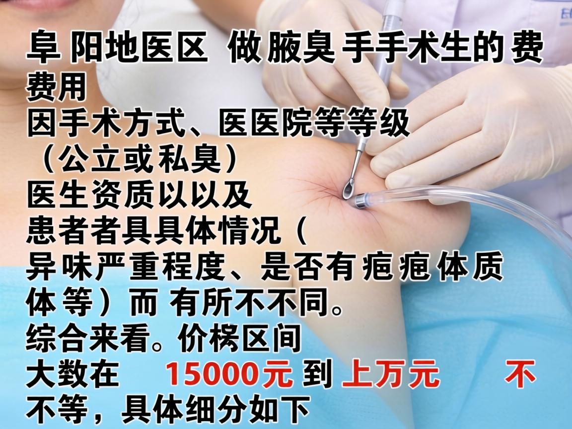 阜阳地区做腋臭手术的费用因手术方式、医院等级（公立或私立）医生资质以及患者具体情况（如异味严重程度、是否有疤痕体质等）而有所不同。综合来看，价格区间大致在 1500元到上万元 不等，具体细分如下
