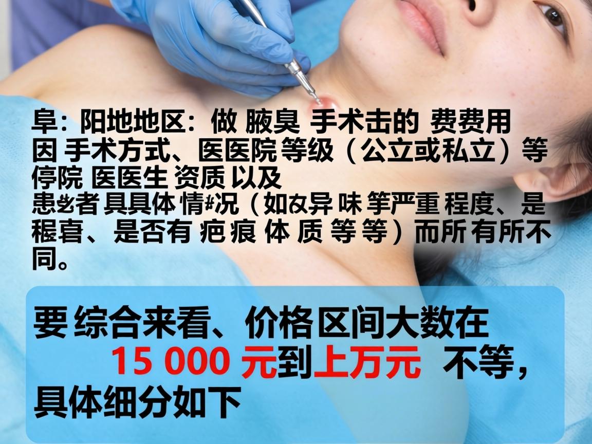 阜阳地区做腋臭手术的费用因手术方式、医院等级（公立或私立）医生资质以及患者具体情况（如异味严重程度、是否有疤痕体质等）而有所不同。综合来看，价格区间大致在 1500元到上万元 不等，具体细分如下