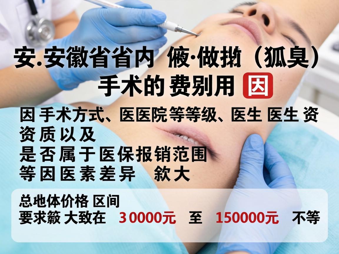 安徽省内做狐臭（腋臭）手术的费用因手术方式、医院等级、医生资质以及是否属于医保报销范围等因素差异较大。总体价格区间大致在 3000元 至 15000元 不等
