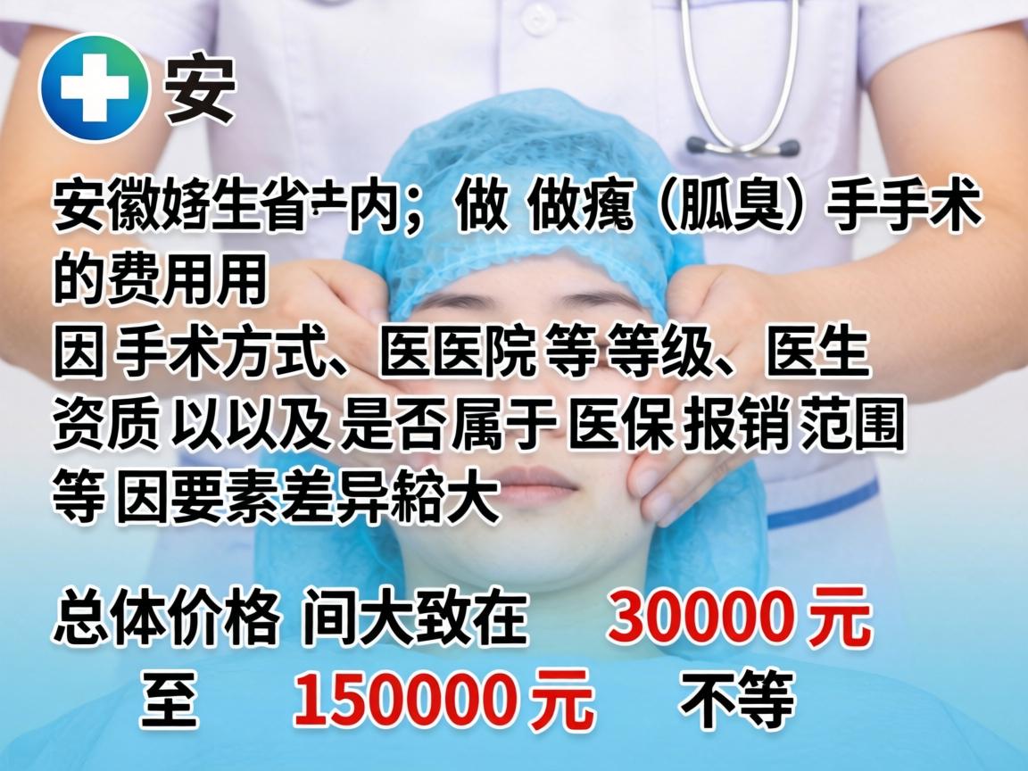安徽省内做狐臭（腋臭）手术的费用因手术方式、医院等级、医生资质以及是否属于医保报销范围等因素差异较大。总体价格区间大致在 3000元 至 15000元 不等
