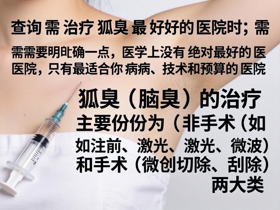 查询治疗狐臭最好的医院时，需要明确一点，医学上没有绝对最好的医院，只有最适合你病情、技术和预算的医院。狐臭（腋臭）的治疗主要分为非手术（如注射、激光、微波）和手术（微创切除、刮除）两大类