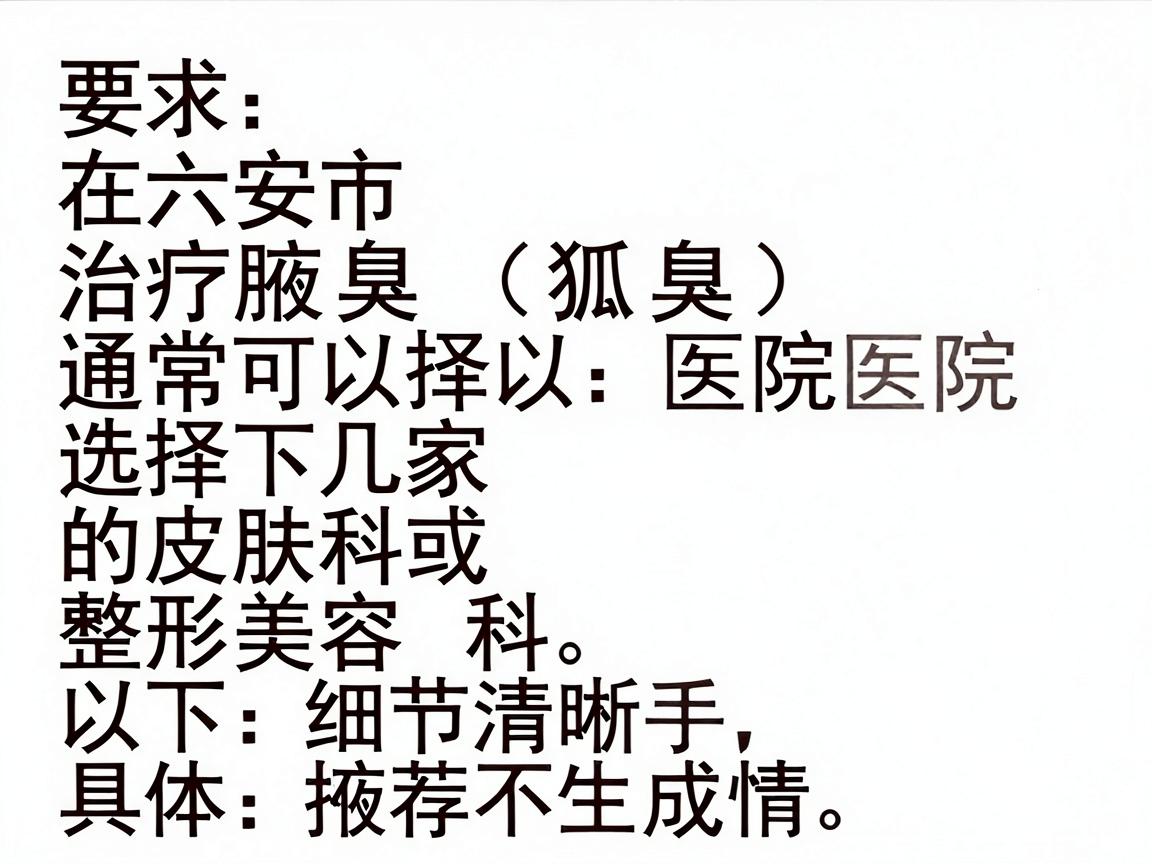 在六安市,治疗腋臭(狐臭)通常可以选择以下几家医院的皮肤科或整形美容科。以下是推荐名单及具体情况 在六安市,治疗腋臭(狐臭)通常可以选择以下几家医院的皮肤科或整形美容科。以下是推荐名单及具体情况