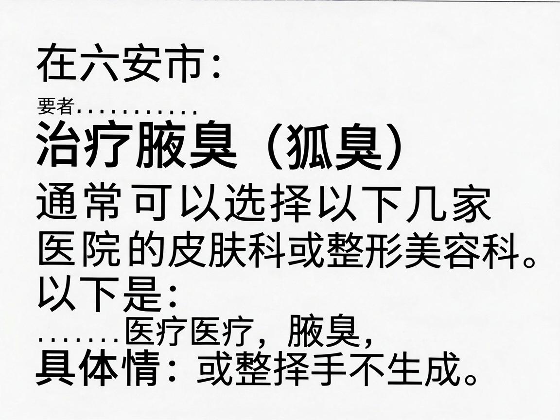 在六安市,治疗腋臭(狐臭)通常可以选择以下几家医院的皮肤科或整形美容科。以下是推荐名单及具体情况 在六安市,治疗腋臭(狐臭)通常可以选择以下几家医院的皮肤科或整形美容科。以下是推荐名单及具体情况