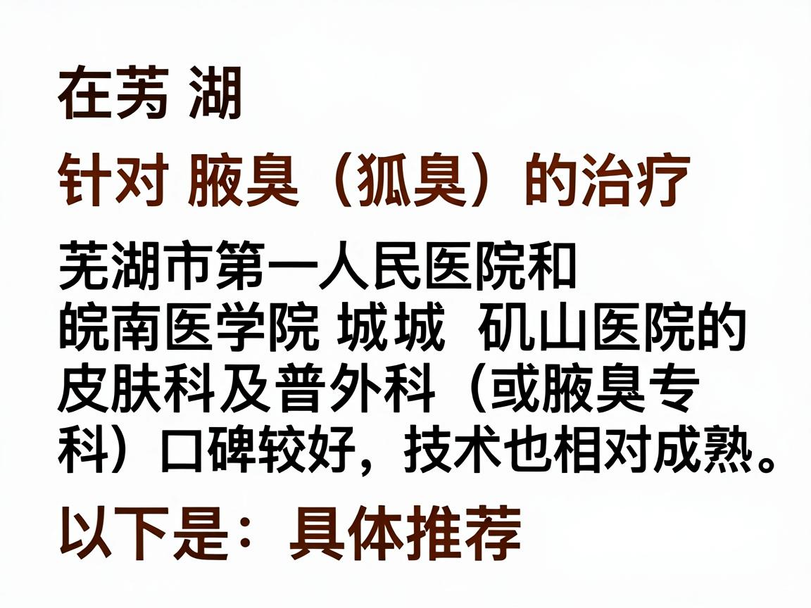 在芜湖，针对腋臭（狐臭）的治疗，芜湖市第一人民医院和皖南医学院弋矶山医院的皮肤科及普外科（或腋臭专科）口碑较好，技术也相对成熟。以下是具体推荐和分析