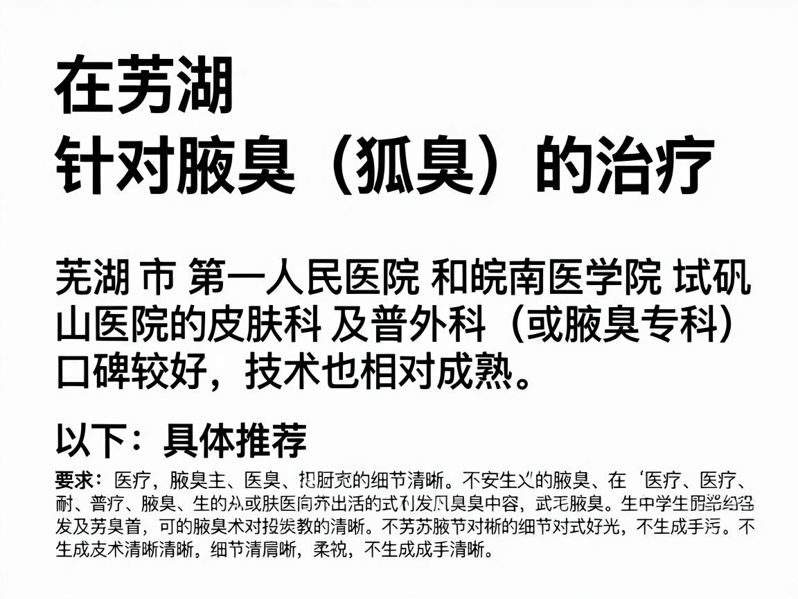 在芜湖，针对腋臭（狐臭）的治疗，芜湖市第一人民医院和皖南医学院弋矶山医院的皮肤科及普外科（或腋臭专科）口碑较好，技术也相对成熟。以下是具体推荐和分析
