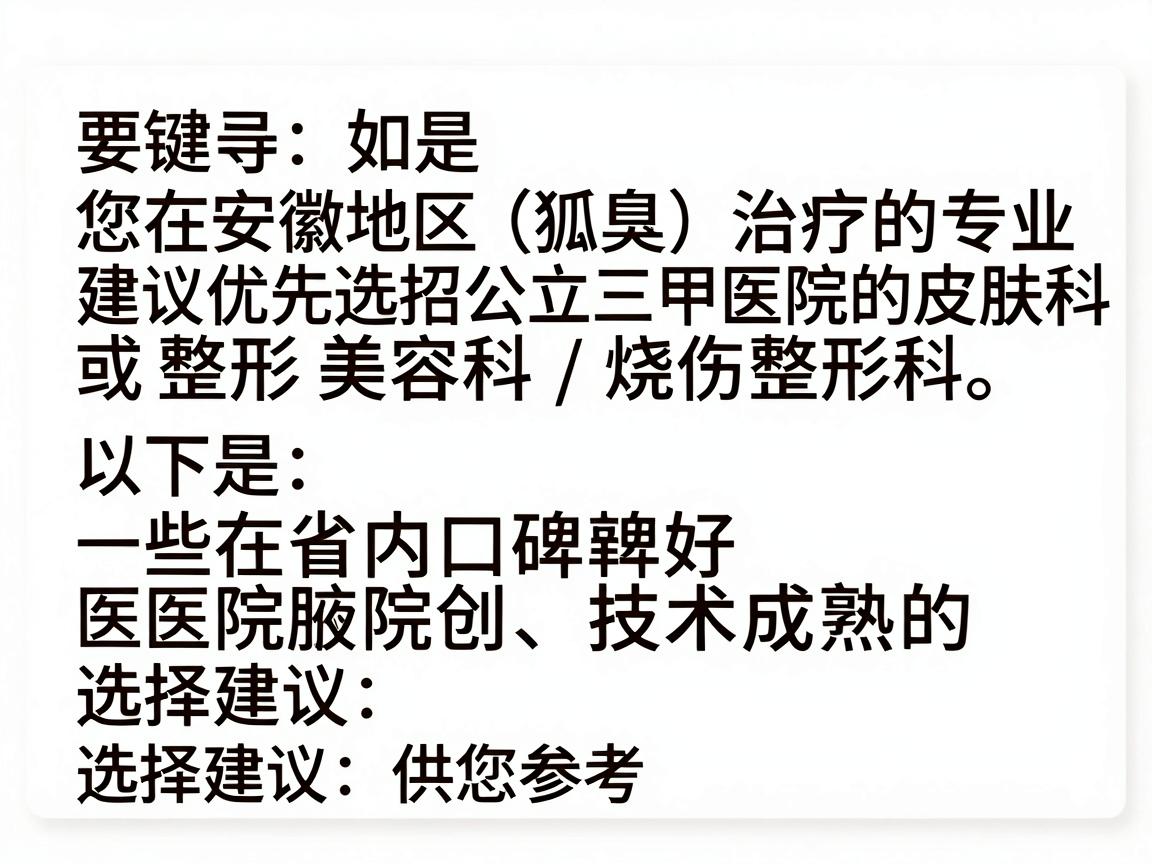 如果您在安徽地区寻找腋臭（狐臭）治疗的专业医院，建议优先选择公立三甲医院的皮肤科或整形美容科/烧伤整形科。以下是一些在省内口碑较好、技术成熟的医院推荐及选择建议，供您参考