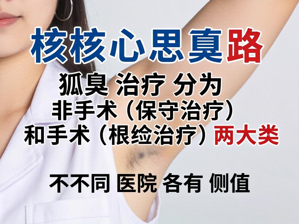 核心思路,狐臭治疗分为非手术(保守治疗)和手术(根治治疗)两大类。不同医院各有侧重 核心思路,狐臭治疗分为非手术(保守治疗)和手术(根治治疗)两大类。不同医院各有侧重