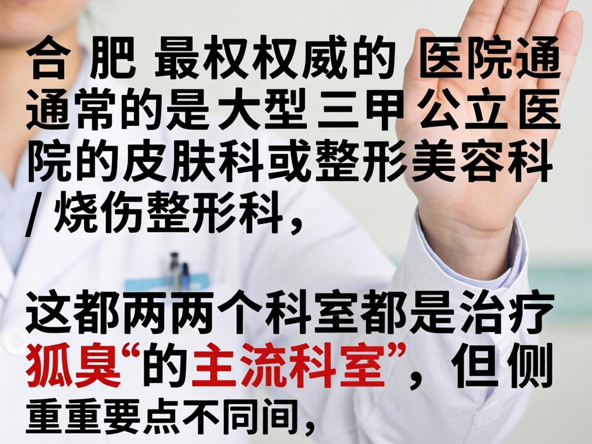 在合肥,最权威的医院通常是大型三甲公立医院的皮肤科或整形美容科/烧伤整形科。这两个科室是治疗狐臭的主流科室,但侧重点不同 在合肥,最权威的医院通常是大型三甲公立医院的皮肤科或整形美容科/烧伤整形科。这两个科室是治疗狐臭的主流科室,但侧重点不同