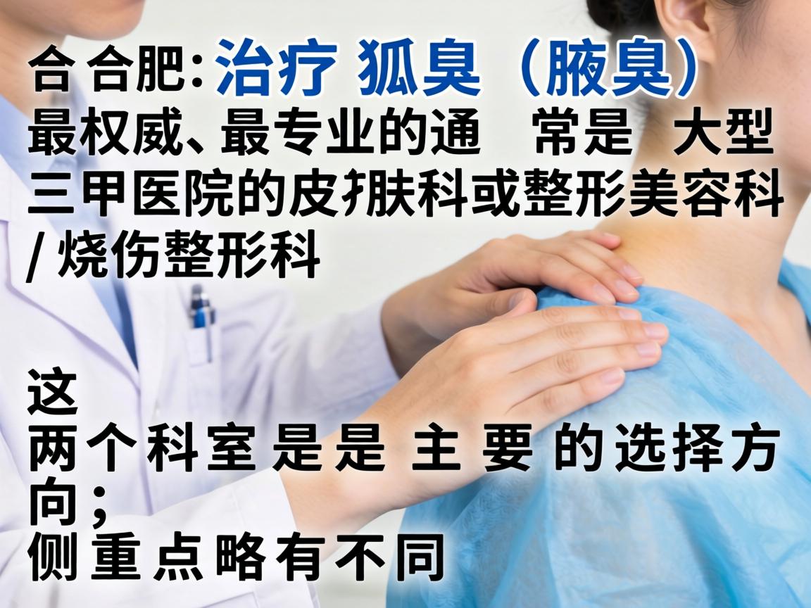 在合肥,治疗狐臭(腋臭)最权威、最专业的通常是大型三甲医院的皮肤科或整形美容科/烧伤整形科。这两个科室是主要的选择方向,侧重点略有不同 在合肥,治疗狐臭(腋臭)最权威、最专业的通常是大型三甲医院的皮肤科或整形美容科/烧伤整形科。这两个科室是主要的选择方向,侧重点略有不同