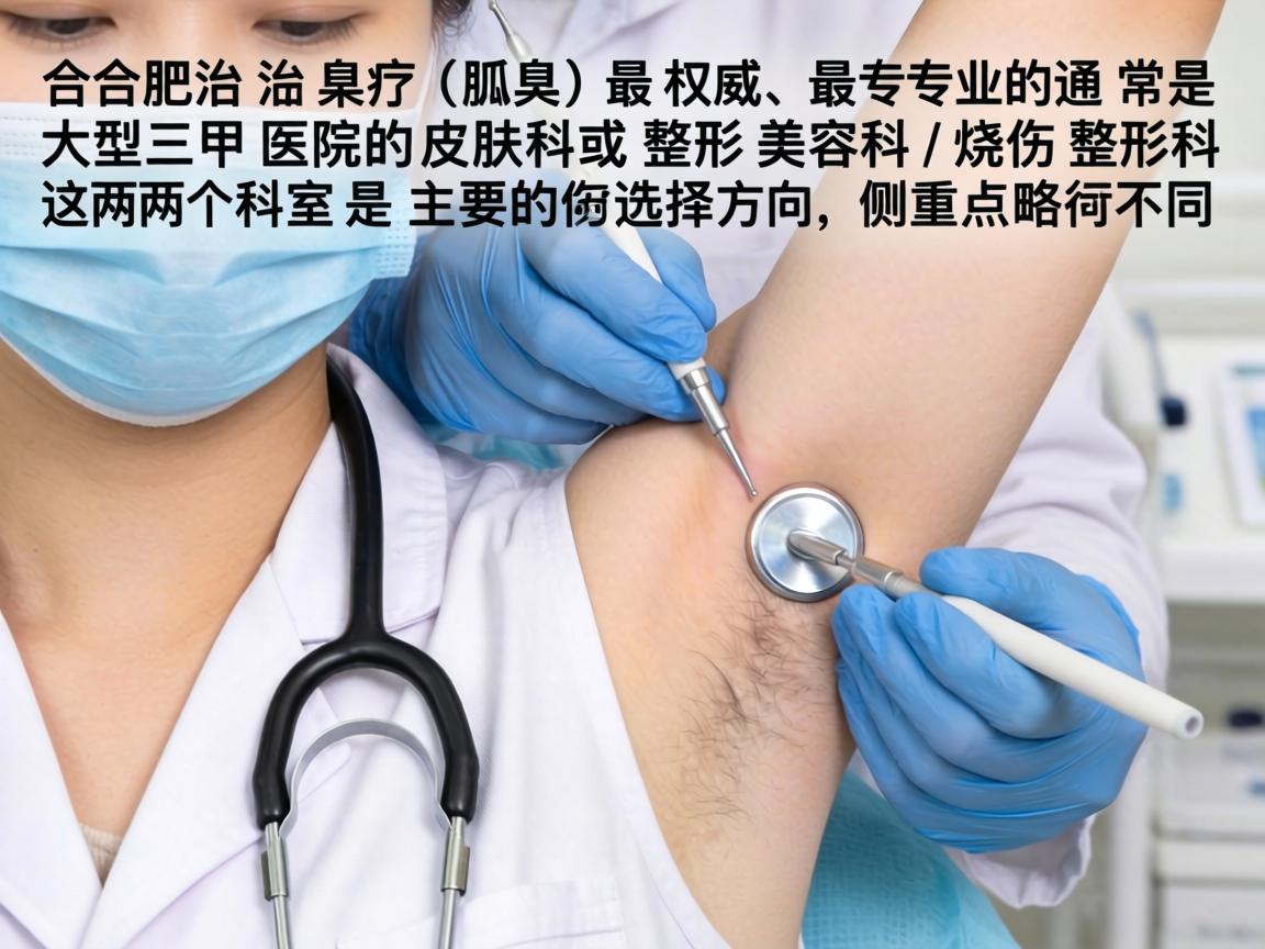 在合肥,治疗狐臭(腋臭)最权威、最专业的通常是大型三甲医院的皮肤科或整形美容科/烧伤整形科。这两个科室是主要的选择方向,侧重点略有不同 在合肥,治疗狐臭(腋臭)最权威、最专业的通常是大型三甲医院的皮肤科或整形美容科/烧伤整形科。这两个科室是主要的选择方向,侧重点略有不同