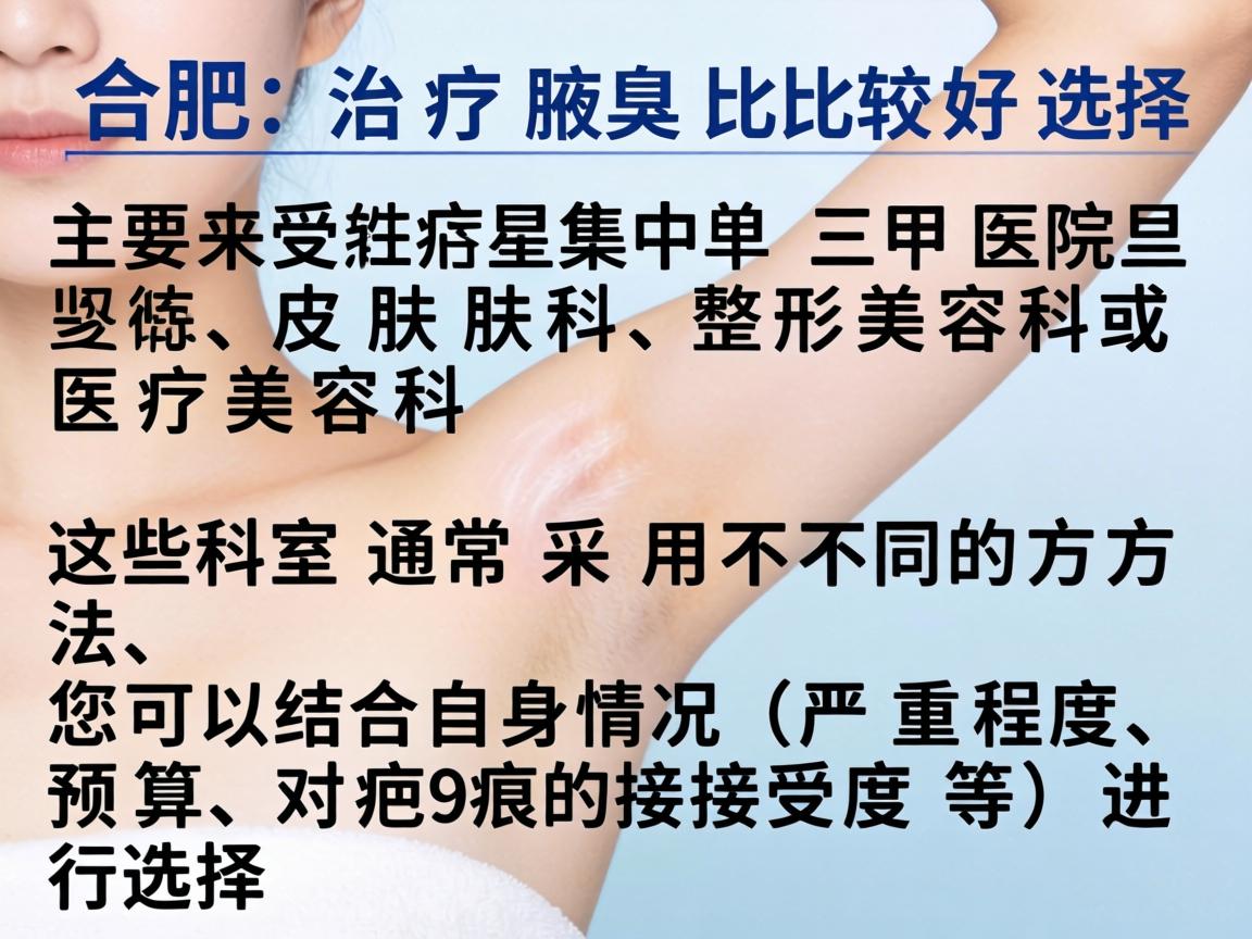在合肥，治疗腋臭比较好的选择主要集中在三甲医院的皮肤科、整形美容科或医疗美容科。这些科室通常采用不同的方法，您可以结合自身情况（严重程度、预算、对疤痕的接受度等）进行选择