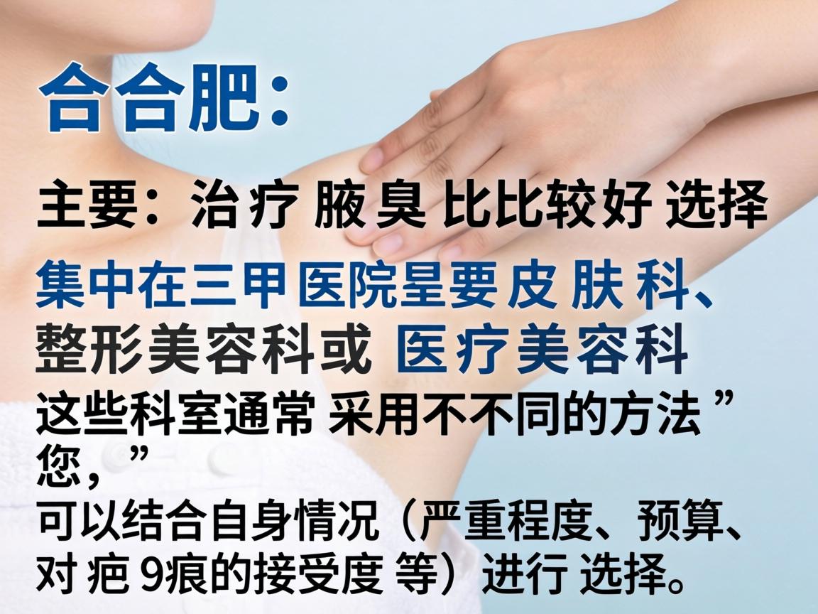 在合肥，治疗腋臭比较好的选择主要集中在三甲医院的皮肤科、整形美容科或医疗美容科。这些科室通常采用不同的方法，您可以结合自身情况（严重程度、预算、对疤痕的接受度等）进行选择