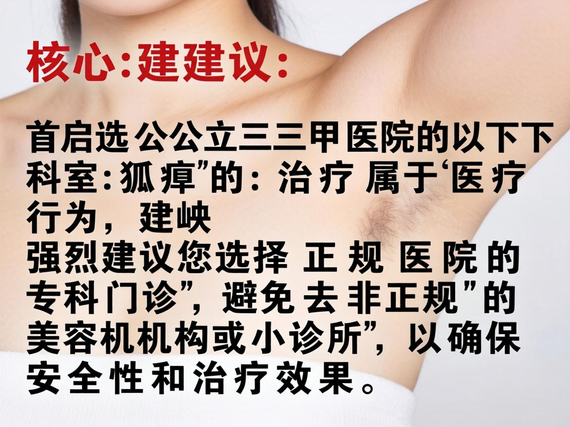 核心建议，首选公立三甲医院的以下科室
狐臭的治疗属于医疗行为，强烈建议您选择正规医院的专科门诊，避免去非正规的美容机构或小诊所，以确保安全性和治疗效果