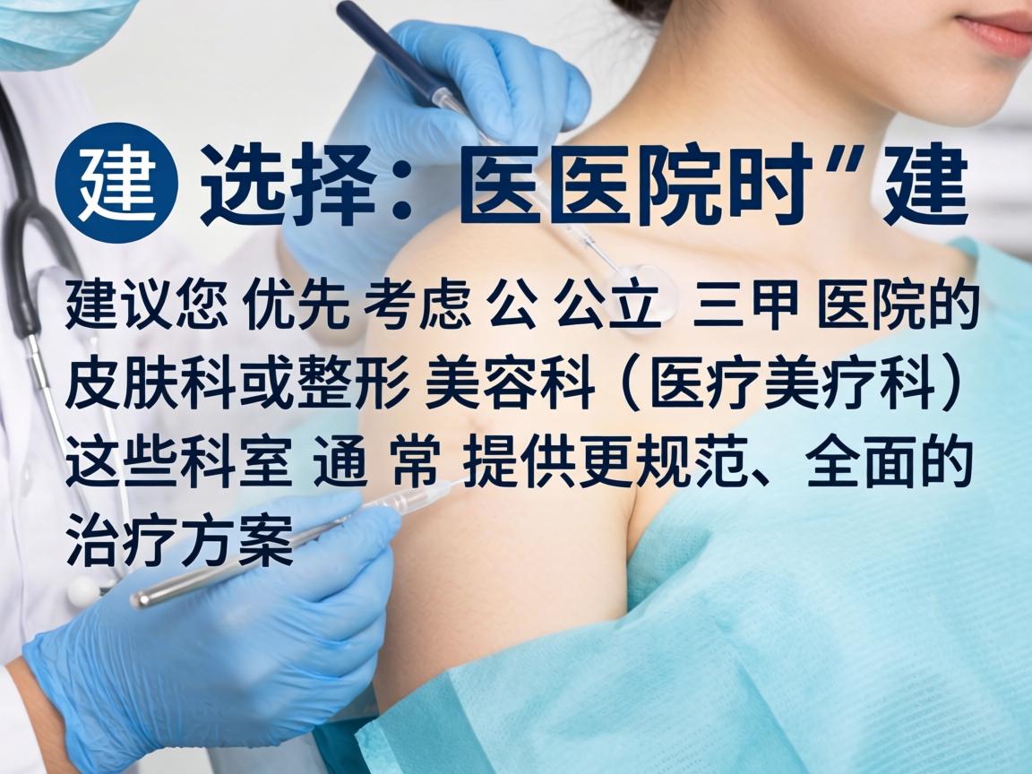 在选择医院时，建议您优先考虑公立三甲医院的皮肤科或整形美容科（医疗美容科）这些科室通常提供更规范、全面的治疗方案