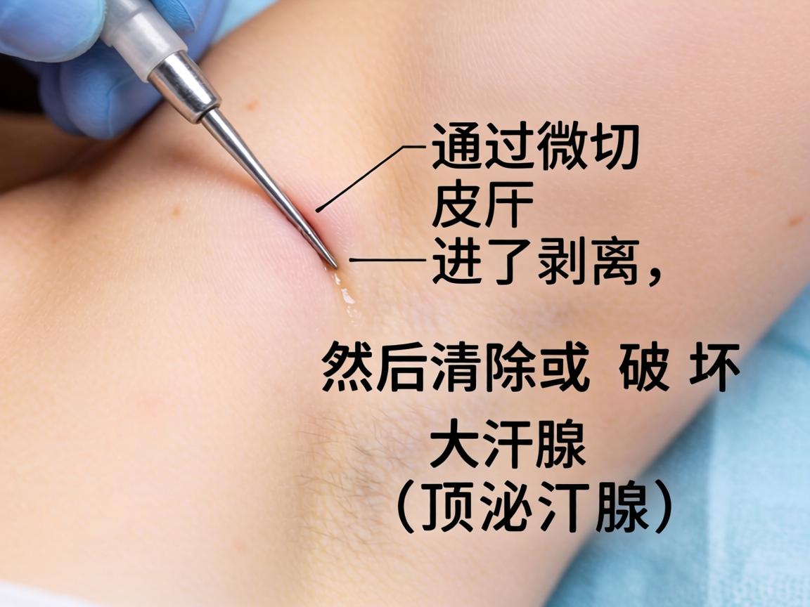 通过微小切口，在皮下进行剥离，然后清除或破坏大汗腺（顶泌汗腺）