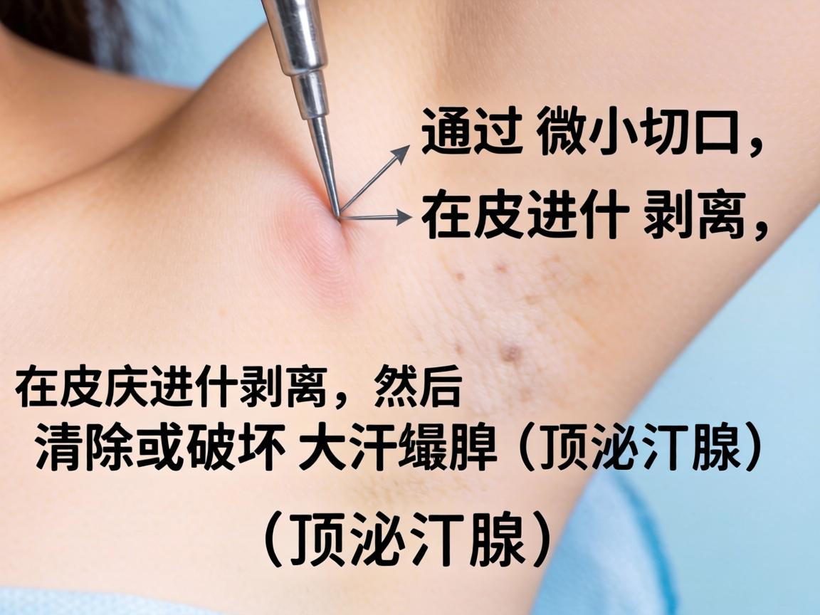 通过微小切口，在皮下进行剥离，然后清除或破坏大汗腺（顶泌汗腺）