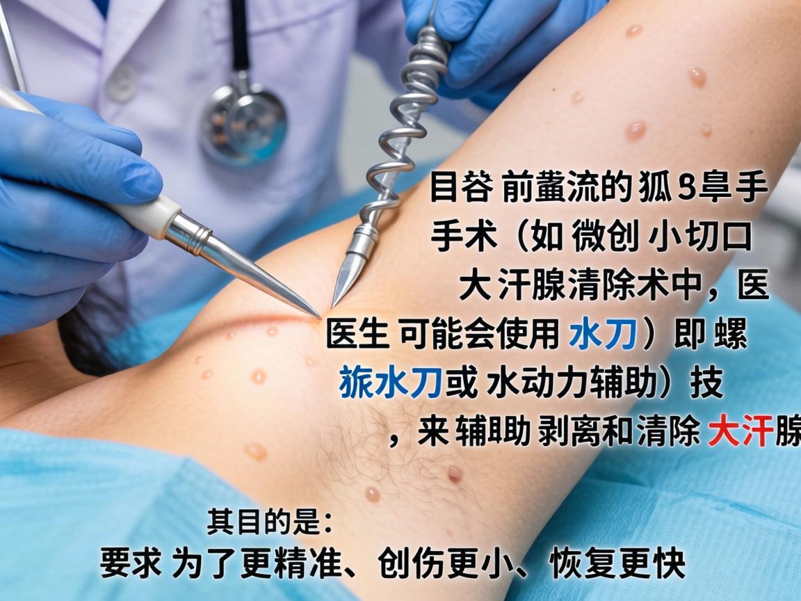 目前主流的狐臭手术（如微创小切口大汗腺清除术）中，医生可能会使用水刀（即螺旋水刀或水动力辅助）技术来辅助剥离和清除大汗腺，其目的是为了更精准、创伤更小、恢复更快