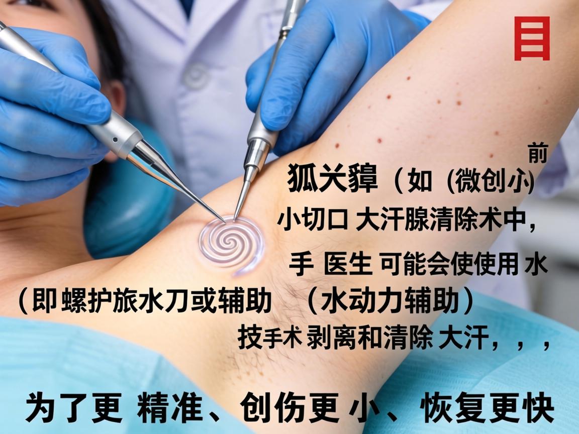 目前主流的狐臭手术（如微创小切口大汗腺清除术）中，医生可能会使用水刀（即螺旋水刀或水动力辅助）技术来辅助剥离和清除大汗腺，其目的是为了更精准、创伤更小、恢复更快