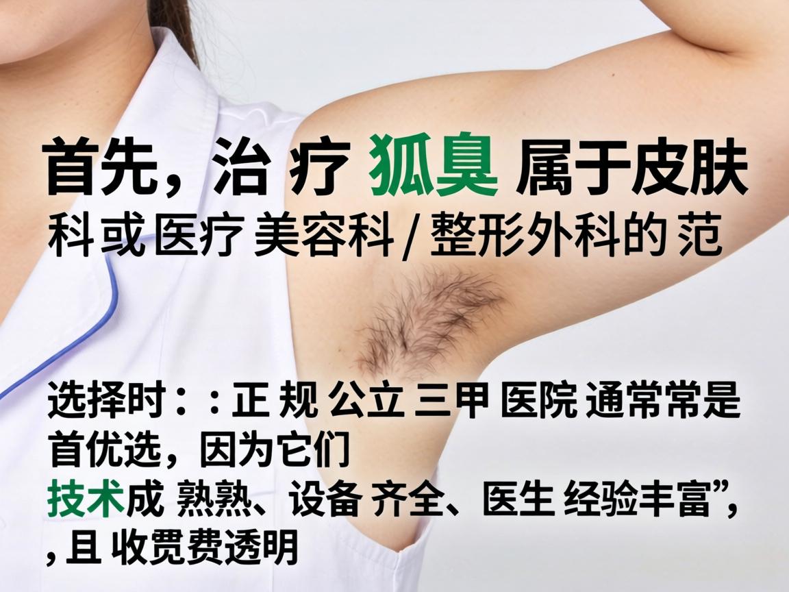 首先,治疗狐臭属于皮肤科或医疗美容科/整形外科的范畴。选择时,正规公立三甲医院通常是首选,因为它们技术成熟、设备齐全、医生经验丰富,且收费透明 首先,治疗狐臭属于皮肤科或医疗美容科/整形外科的范畴。选择时,正规公立三甲医院通常是首选,因为它们技术成熟、设备齐全、医生经验丰富,且收费透明