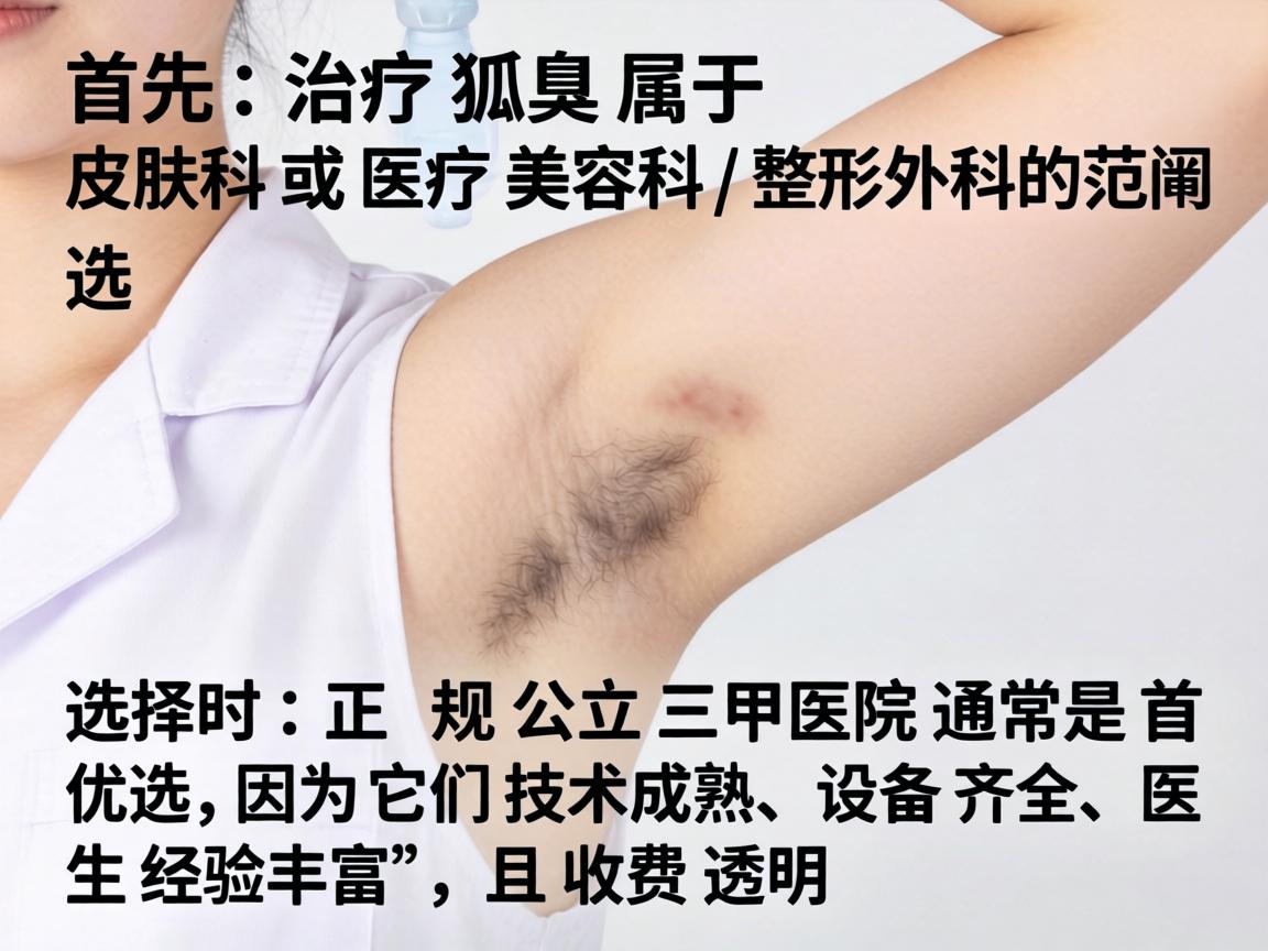 首先,治疗狐臭属于皮肤科或医疗美容科/整形外科的范畴。选择时,正规公立三甲医院通常是首选,因为它们技术成熟、设备齐全、医生经验丰富,且收费透明 首先,治疗狐臭属于皮肤科或医疗美容科/整形外科的范畴。选择时,正规公立三甲医院通常是首选,因为它们技术成熟、设备齐全、医生经验丰富,且收费透明