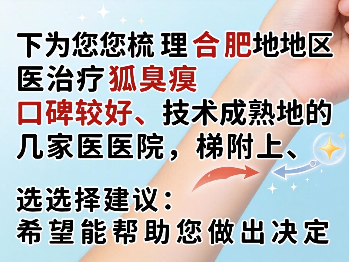 以下为您梳理合肥地区治疗狐臭口碑较好、技术成熟的几家医院,并附上选择建议,希望能帮助您做出决定 以下为您梳理合肥地区治疗狐臭口碑较好、技术成熟的几家医院,并附上选择建议,希望能帮助您做出决定