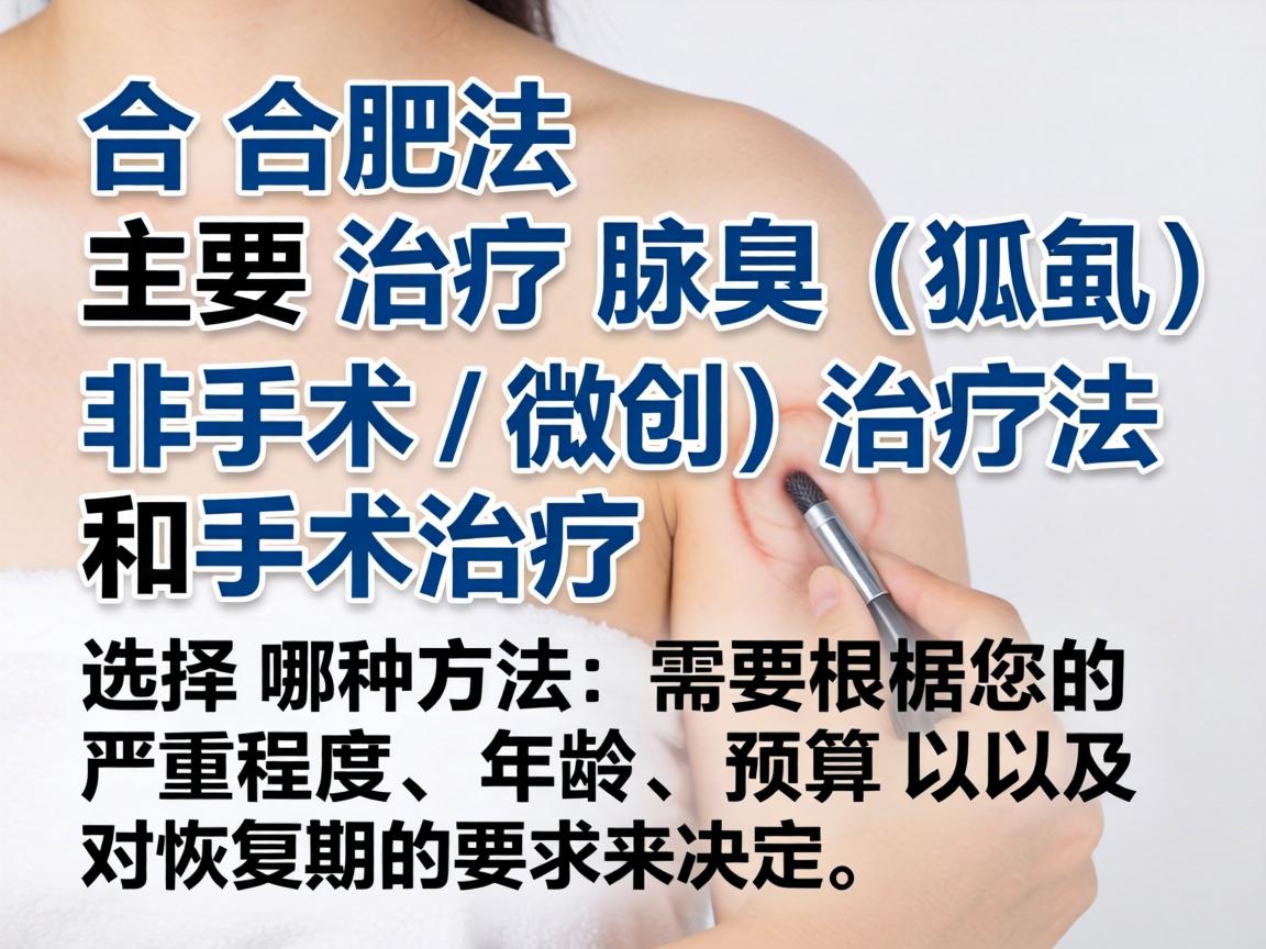 在合肥,治疗腋臭(狐臭)主要有两大类方法,非手术(微创)治疗和手术治疗。选择哪种方法,需要根据您的严重程度、年龄、预算以及对恢复期的要求来决定 在合肥,治疗腋臭(狐臭)主要有两大类方法,非手术(微创)治疗和手术治疗。选择哪种方法,需要根据您的严重程度、年龄、预算以及对恢复期的要求来决定