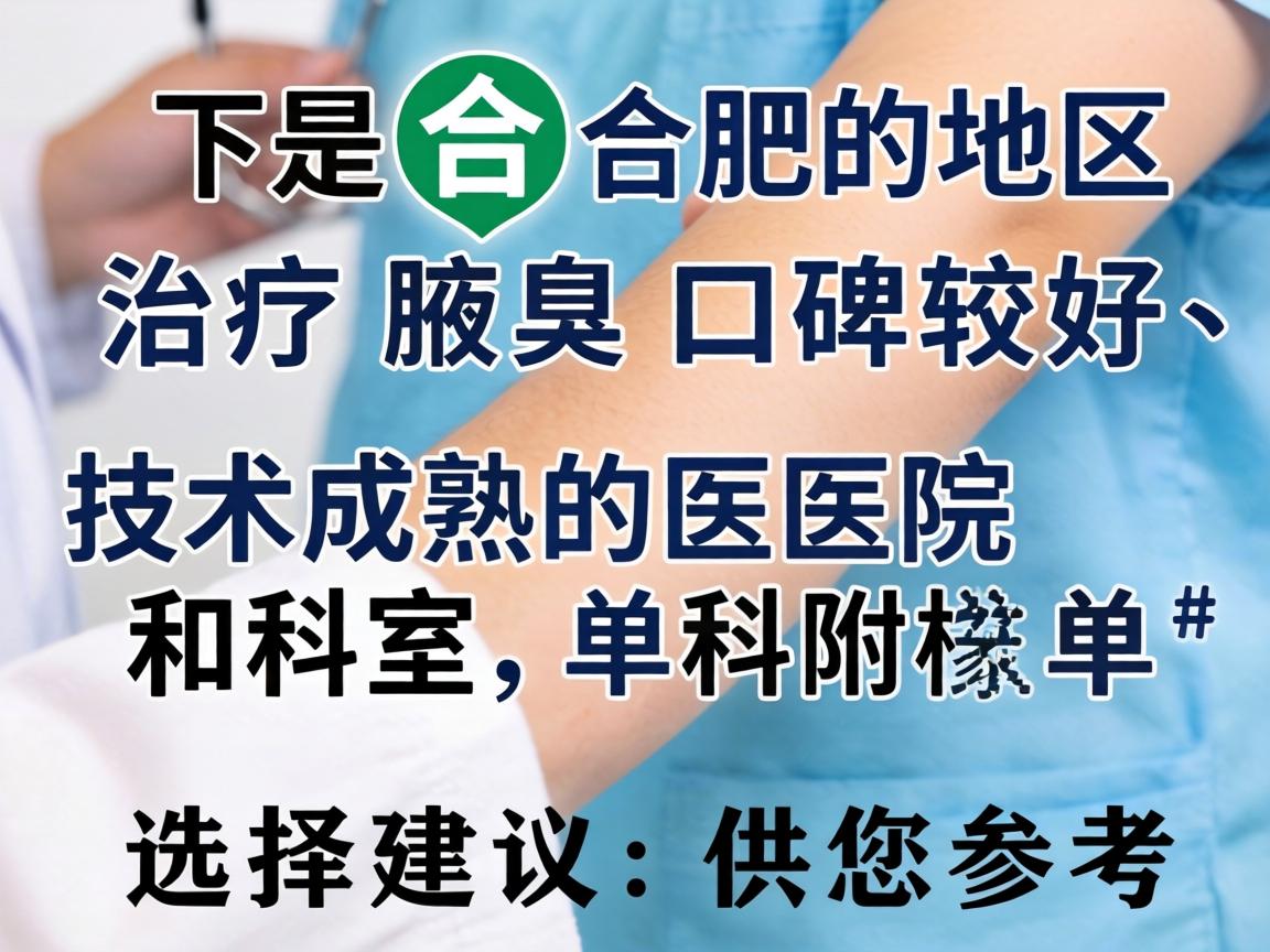 以下是合肥地区治疗腋臭口碑较好、技术成熟的医院和科室,并附上选择建议,供您参考 以下是合肥地区治疗腋臭口碑较好、技术成熟的医院和科室,并附上选择建议,供您参考