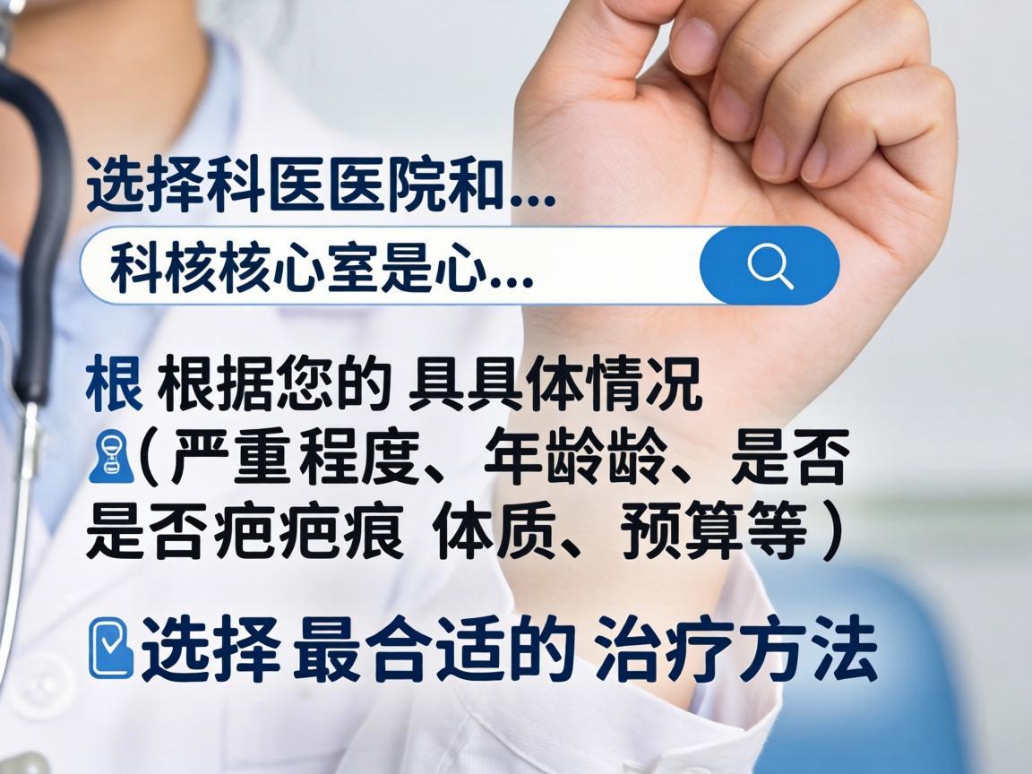 选择医院和科室的核心是,根据您的具体情况(严重程度、年龄、是否疤痕体质、预算等)选择最合适的治疗方法 选择医院和科室的核心是,根据您的具体情况(严重程度、年龄、是否疤痕体质、预算等)选择最合适的治疗方法
