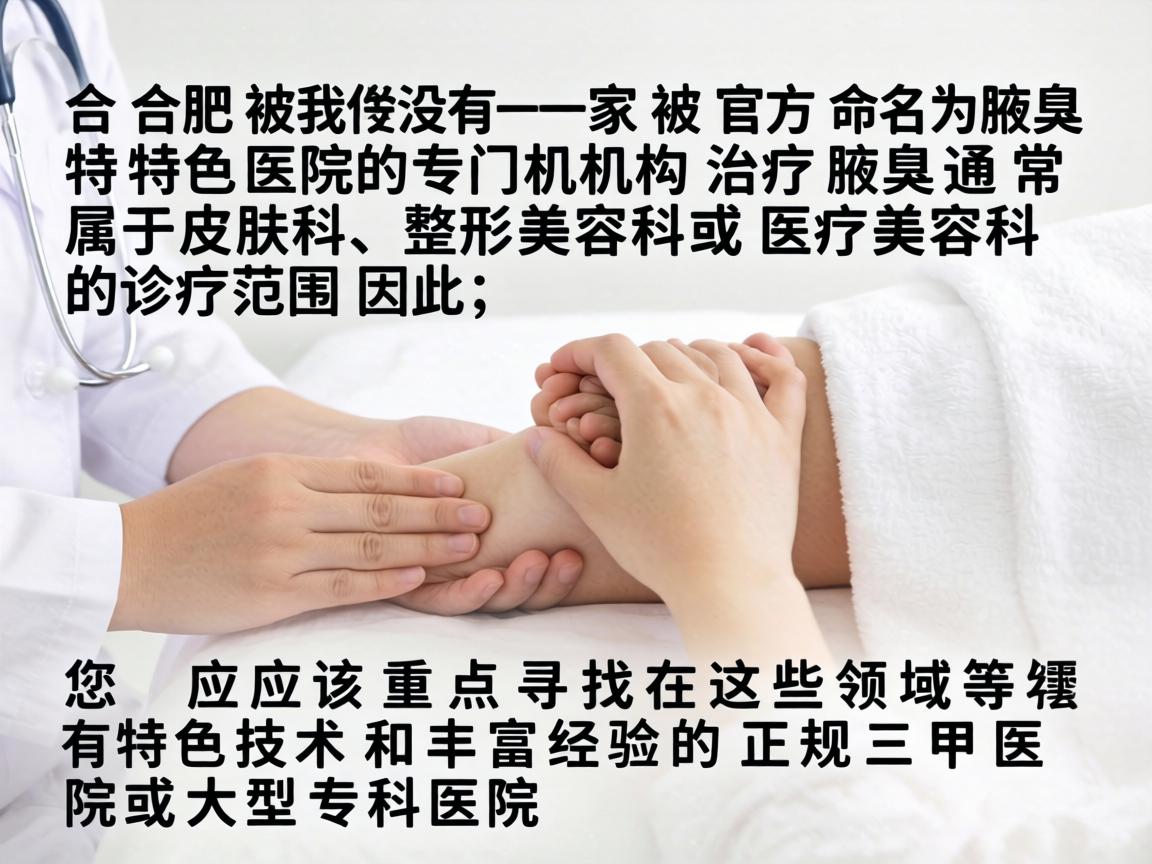 在合肥,并没有一家被官方命名为腋臭特色医院的专门机构。治疗腋臭通常属于皮肤科、整形美容科或医疗美容科的诊疗范围。因此,您应该重点寻找在这些领域有特色技术和丰富经验的正规三甲医院或大型专科医院 在合肥,并没有一家被官方命名为腋臭特色医院的专门机构。治疗腋臭通常属于皮肤科、整形美容科或医疗美容科的诊疗范围。因此,您应该重点寻找在这些领域有特色技术和丰富经验的正规三甲医院或大型专科医院