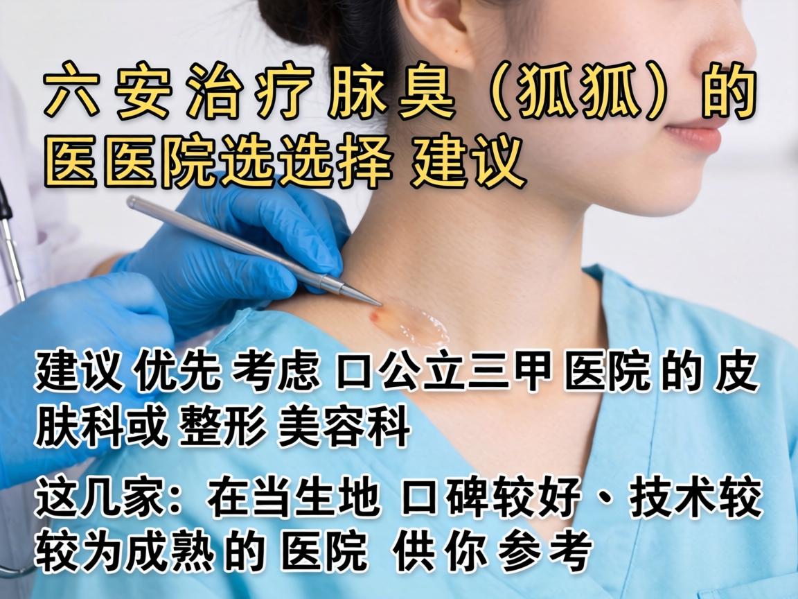 六安治疗腋臭(狐臭)的医院选择,建议优先考虑公立三甲医院的皮肤科或整形美容科。以下是几家在当地口碑较好、技术较为成熟的医院供你参考 六安治疗腋臭(狐臭)的医院选择,建议优先考虑公立三甲医院的皮肤科或整形美容科。以下是几家在当地口碑较好、技术较为成熟的医院供你参考