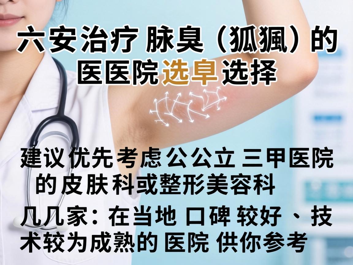 六安治疗腋臭(狐臭)的医院选择,建议优先考虑公立三甲医院的皮肤科或整形美容科。以下是几家在当地口碑较好、技术较为成熟的医院供你参考 六安治疗腋臭(狐臭)的医院选择,建议优先考虑公立三甲医院的皮肤科或整形美容科。以下是几家在当地口碑较好、技术较为成熟的医院供你参考