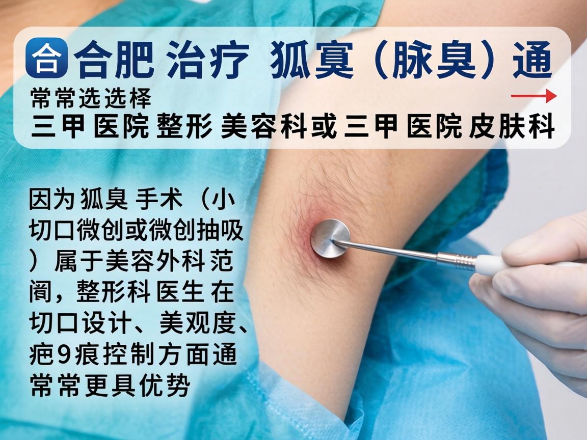 在合肥,治疗狐臭(腋臭)通常选择三甲医院整形美容科或三甲医院皮肤科。因为狐臭手术(小切口微创或微创抽吸)属于美容外科范畴,整形科医生在切口设计、美观度、疤痕控制方面通常更具优势 在合肥,治疗狐臭(腋臭)通常选择三甲医院整形美容科或三甲医院皮肤科。因为狐臭手术(小切口微创或微创抽吸)属于美容外科范畴,整形科医生在切口设计、美观度、疤痕控制方面通常更具优势