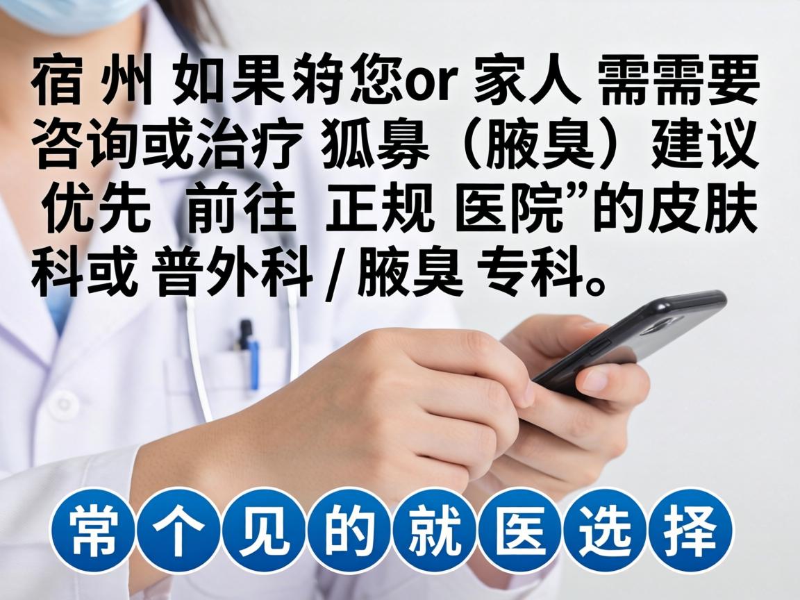 在宿州,如果您或家人需要咨询或治疗狐臭(腋臭)建议优先前往正规医院的皮肤科或普外科/腋臭专科。以下是几个常见的就医选择 在宿州,如果您或家人需要咨询或治疗狐臭(腋臭)建议优先前往正规医院的皮肤科或普外科/腋臭专科。以下是几个常见的就医选择