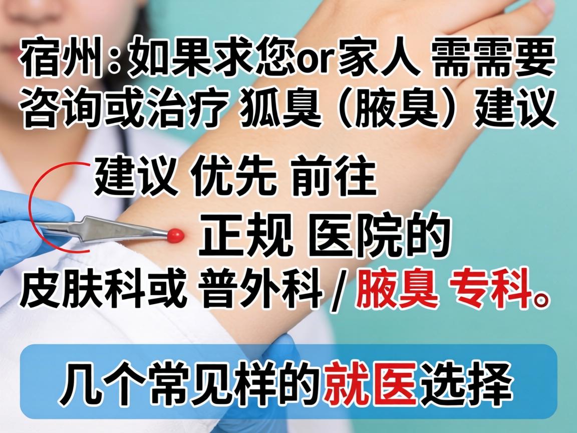 在宿州,如果您或家人需要咨询或治疗狐臭(腋臭)建议优先前往正规医院的皮肤科或普外科/腋臭专科。以下是几个常见的就医选择 在宿州,如果您或家人需要咨询或治疗狐臭(腋臭)建议优先前往正规医院的皮肤科或普外科/腋臭专科。以下是几个常见的就医选择