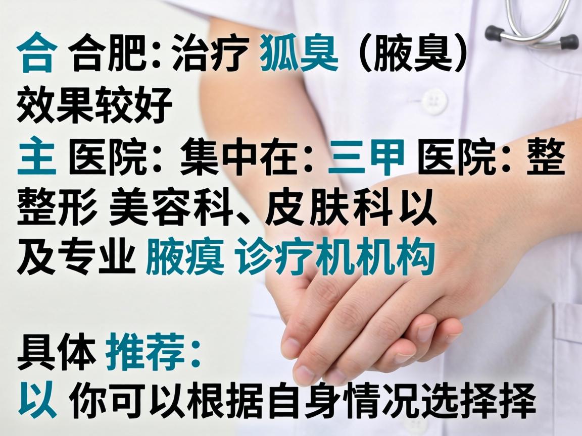 在合肥,治疗狐臭(腋臭)效果较好的医院主要集中在三甲医院的整形美容科、皮肤科以及专业腋臭诊疗机构。以下是具体推荐,你可以根据自身情况选择 在合肥,治疗狐臭(腋臭)效果较好的医院主要集中在三甲医院的整形美容科、皮肤科以及专业腋臭诊疗机构。以下是具体推荐,你可以根据自身情况选择