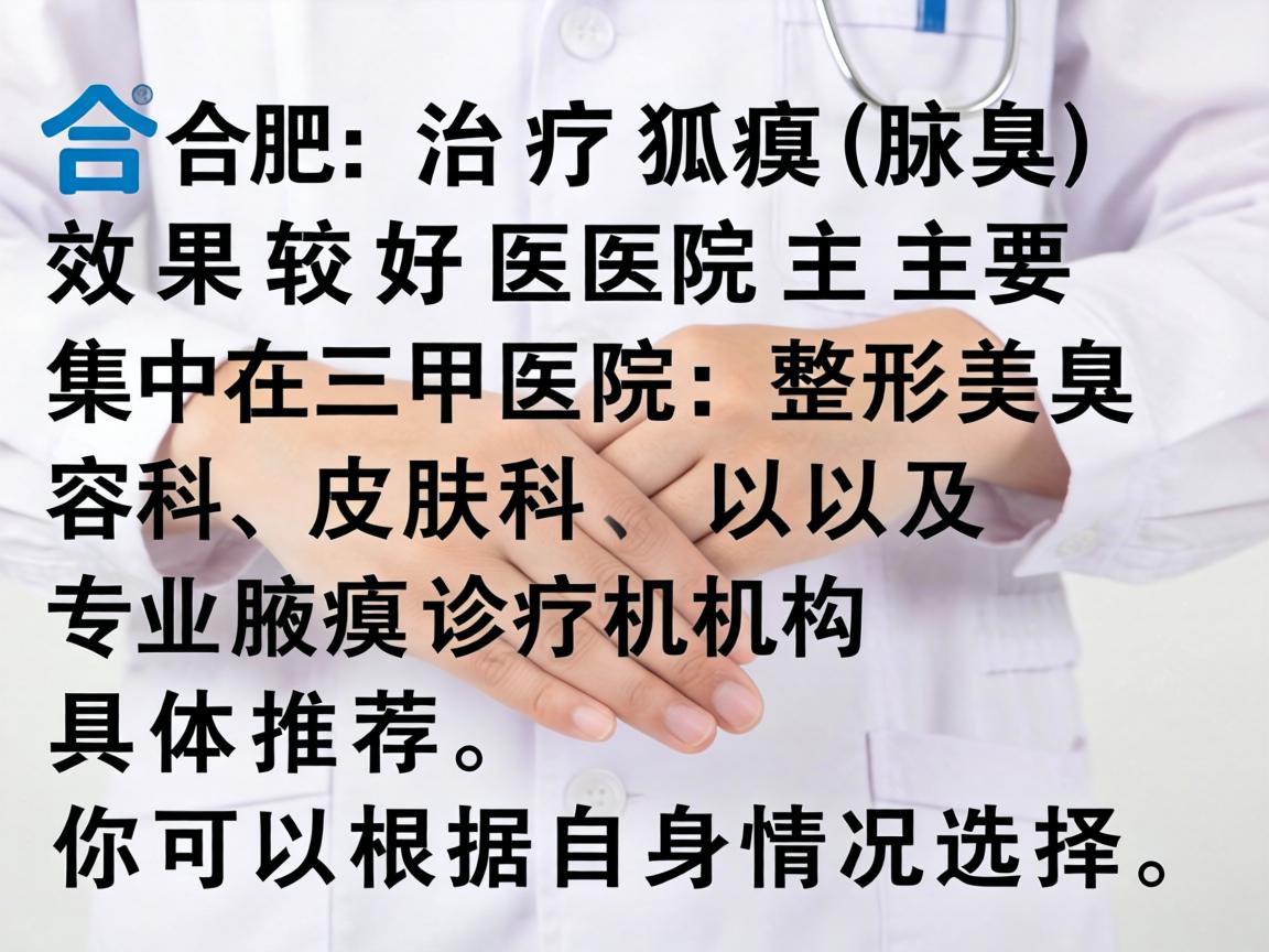 在合肥,治疗狐臭(腋臭)效果较好的医院主要集中在三甲医院的整形美容科、皮肤科以及专业腋臭诊疗机构。以下是具体推荐,你可以根据自身情况选择 在合肥,治疗狐臭(腋臭)效果较好的医院主要集中在三甲医院的整形美容科、皮肤科以及专业腋臭诊疗机构。以下是具体推荐,你可以根据自身情况选择