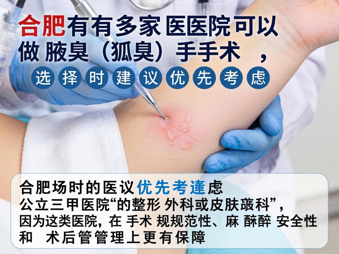 合肥有多家医院可以做腋臭(狐臭)手术,选择时建议优先考虑公立三甲医院的整形外科或皮肤科,因为这类医院在手术规范性、麻醉安全性和术后管理上更有保障 合肥有多家医院可以做腋臭(狐臭)手术,选择时建议优先考虑公立三甲医院的整形外科或皮肤科,因为这类医院在手术规范性、麻醉安全性和术后管理上更有保障
