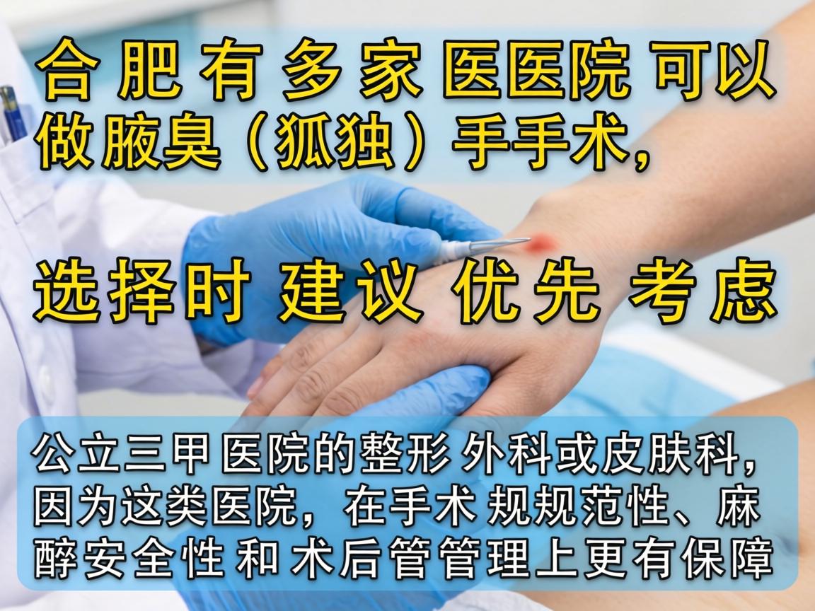 合肥有多家医院可以做腋臭(狐臭)手术,选择时建议优先考虑公立三甲医院的整形外科或皮肤科,因为这类医院在手术规范性、麻醉安全性和术后管理上更有保障 合肥有多家医院可以做腋臭(狐臭)手术,选择时建议优先考虑公立三甲医院的整形外科或皮肤科,因为这类医院在手术规范性、麻醉安全性和术后管理上更有保障