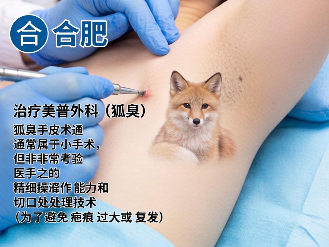 在合肥,治疗狐臭(腋臭)属于皮肤科或普外科/美容外科的范畴。狐臭手术通常属于小手术,但非常考验医生的精细操作能力和切口处理技术(为了避免疤痕过大或复发) 在合肥,治疗狐臭(腋臭)属于皮肤科或普外科/美容外科的范畴。狐臭手术通常属于小手术,但非常考验医生的精细操作能力和切口处理技术(为了避免疤痕过大或复发)