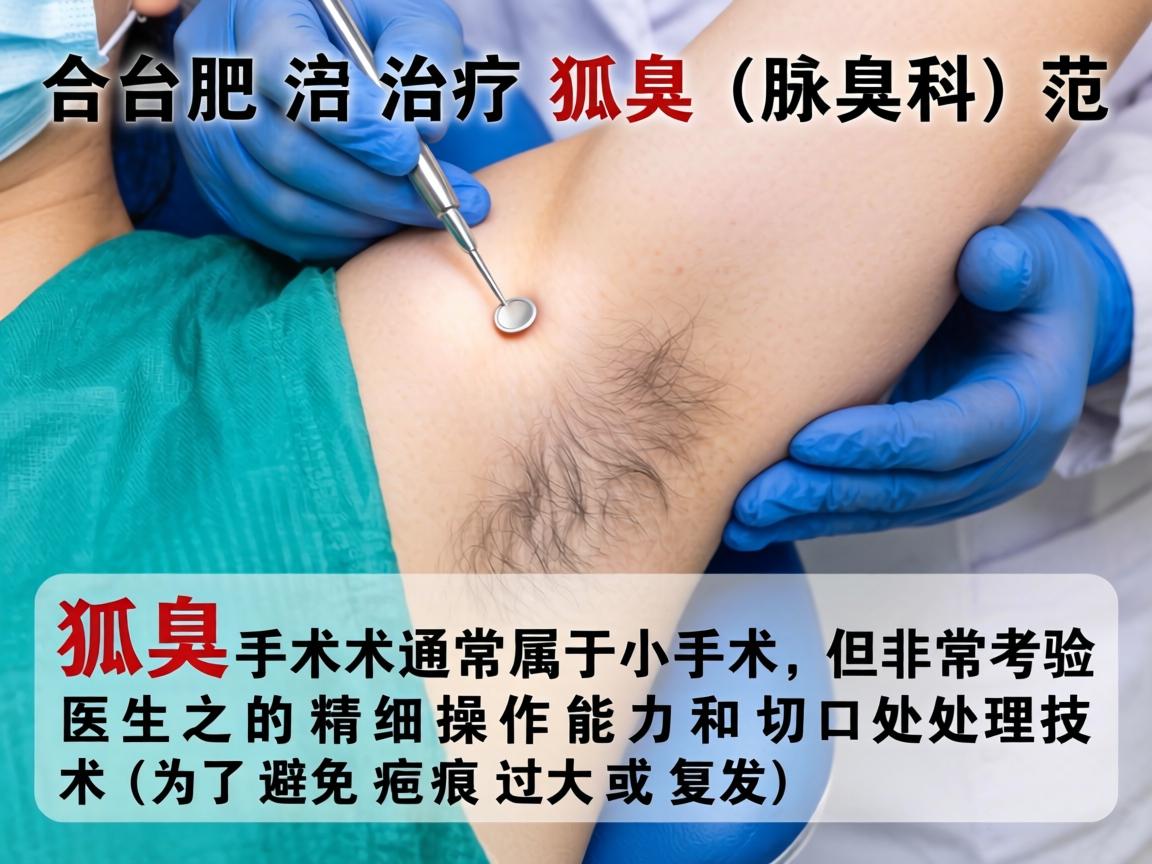 在合肥,治疗狐臭(腋臭)属于皮肤科或普外科/美容外科的范畴。狐臭手术通常属于小手术,但非常考验医生的精细操作能力和切口处理技术(为了避免疤痕过大或复发) 在合肥,治疗狐臭(腋臭)属于皮肤科或普外科/美容外科的范畴。狐臭手术通常属于小手术,但非常考验医生的精细操作能力和切口处理技术(为了避免疤痕过大或复发)