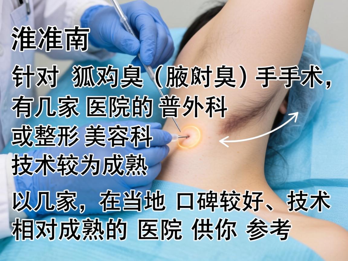 在淮南,针对狐臭(腋臭)手术,有几家医院的普外科或整形美容科技术较为成熟。以下是几家在当地口碑较好、技术相对成熟的医院供你参考 在淮南,针对狐臭(腋臭)手术,有几家医院的普外科或整形美容科技术较为成熟。以下是几家在当地口碑较好、技术相对成熟的医院供你参考