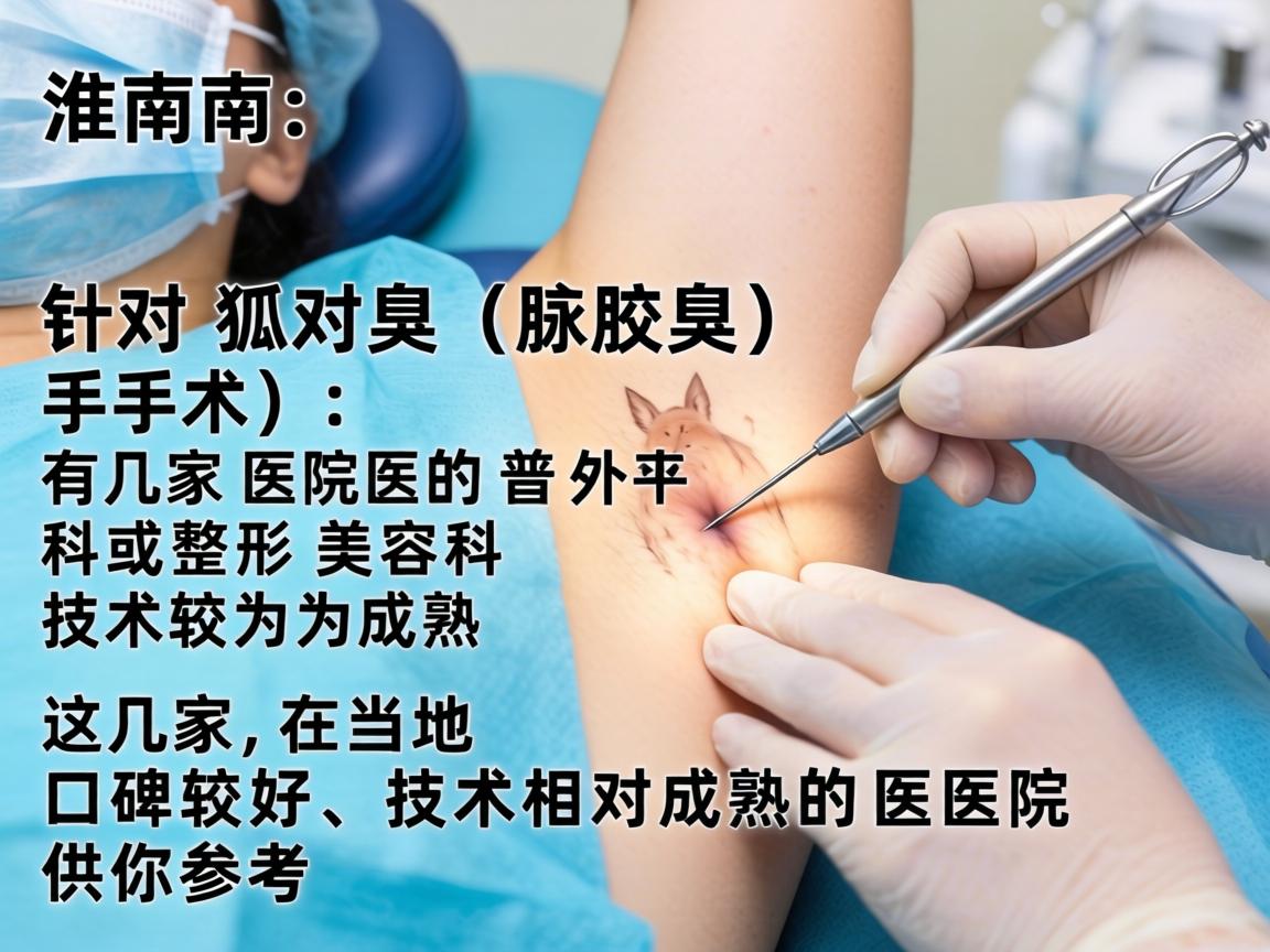 在淮南,针对狐臭(腋臭)手术,有几家医院的普外科或整形美容科技术较为成熟。以下是几家在当地口碑较好、技术相对成熟的医院供你参考 在淮南,针对狐臭(腋臭)手术,有几家医院的普外科或整形美容科技术较为成熟。以下是几家在当地口碑较好、技术相对成熟的医院供你参考