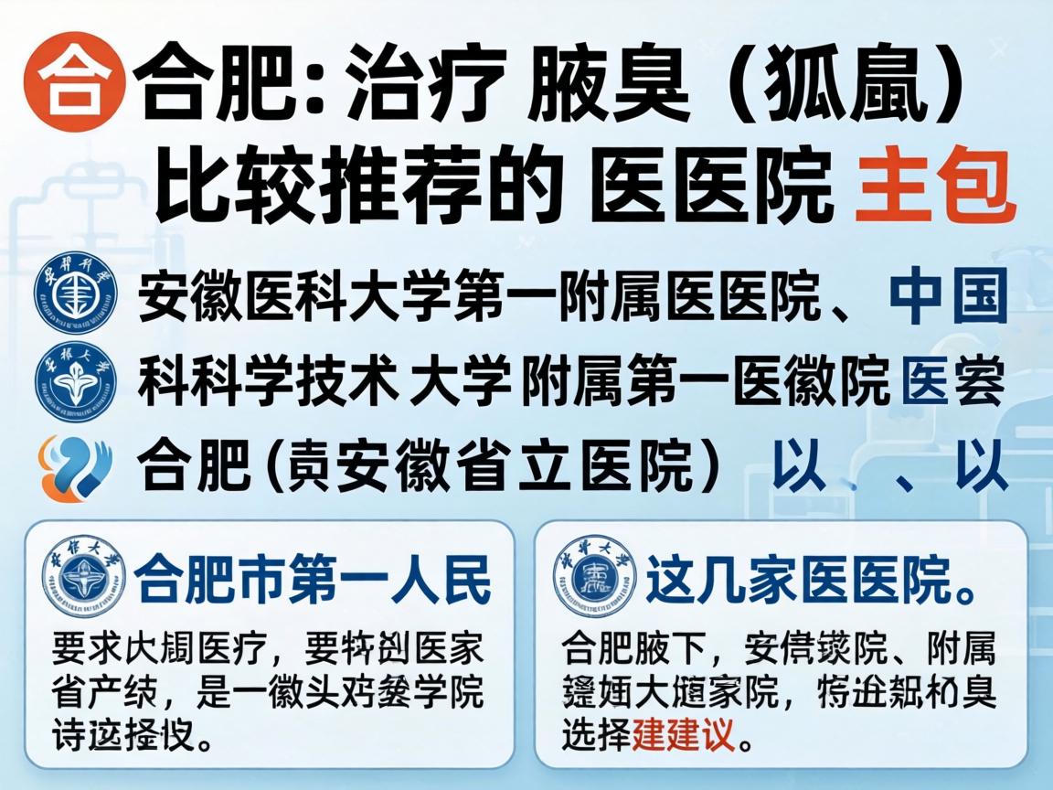 在合肥,治疗腋臭(狐臭)比较推荐的医院主要包括安徽医科大学第一附属医院、中国科学技术大学附属第一医院(安徽省立医院)以及合肥市第一人民医院。以下是这几家医院的特点和选择建议 在合肥,治疗腋臭(狐臭)比较推荐的医院主要包括安徽医科大学第一附属医院、中国科学技术大学附属第一医院(安徽省立医院)以及合肥市第一人民医院。以下是这几家医院的特点和选择建议