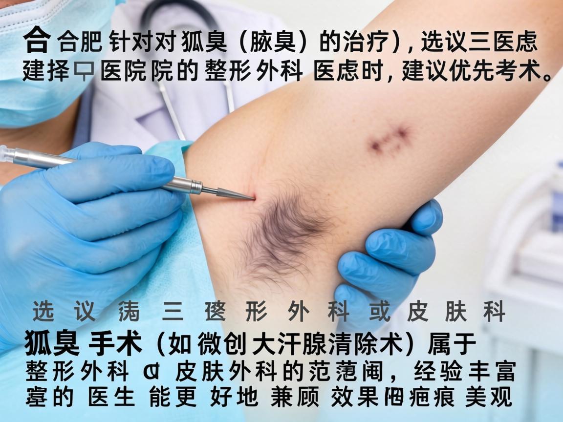 在合肥，针对狐臭（腋臭）的治疗，选择医院和医生时，建议优先考虑三甲医院的整形外科或皮肤科。狐臭手术（如微创大汗腺清除术）属于整形外科或皮肤外科的范畴，经验丰富的医生能更好地兼顾效果和疤痕美观